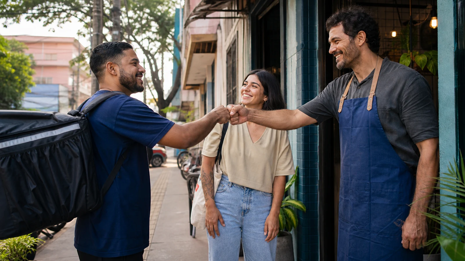 Comerciante, cliente e profissional de entregas conversam diante de um negócio local