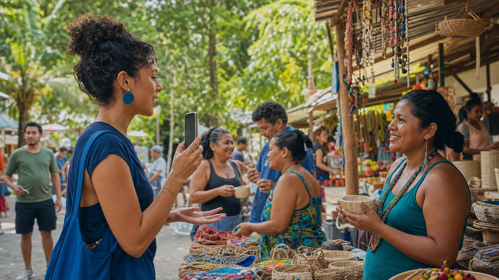 Criadora de conteúdo conversa com artesã em uma feira comunitária ao ar livre