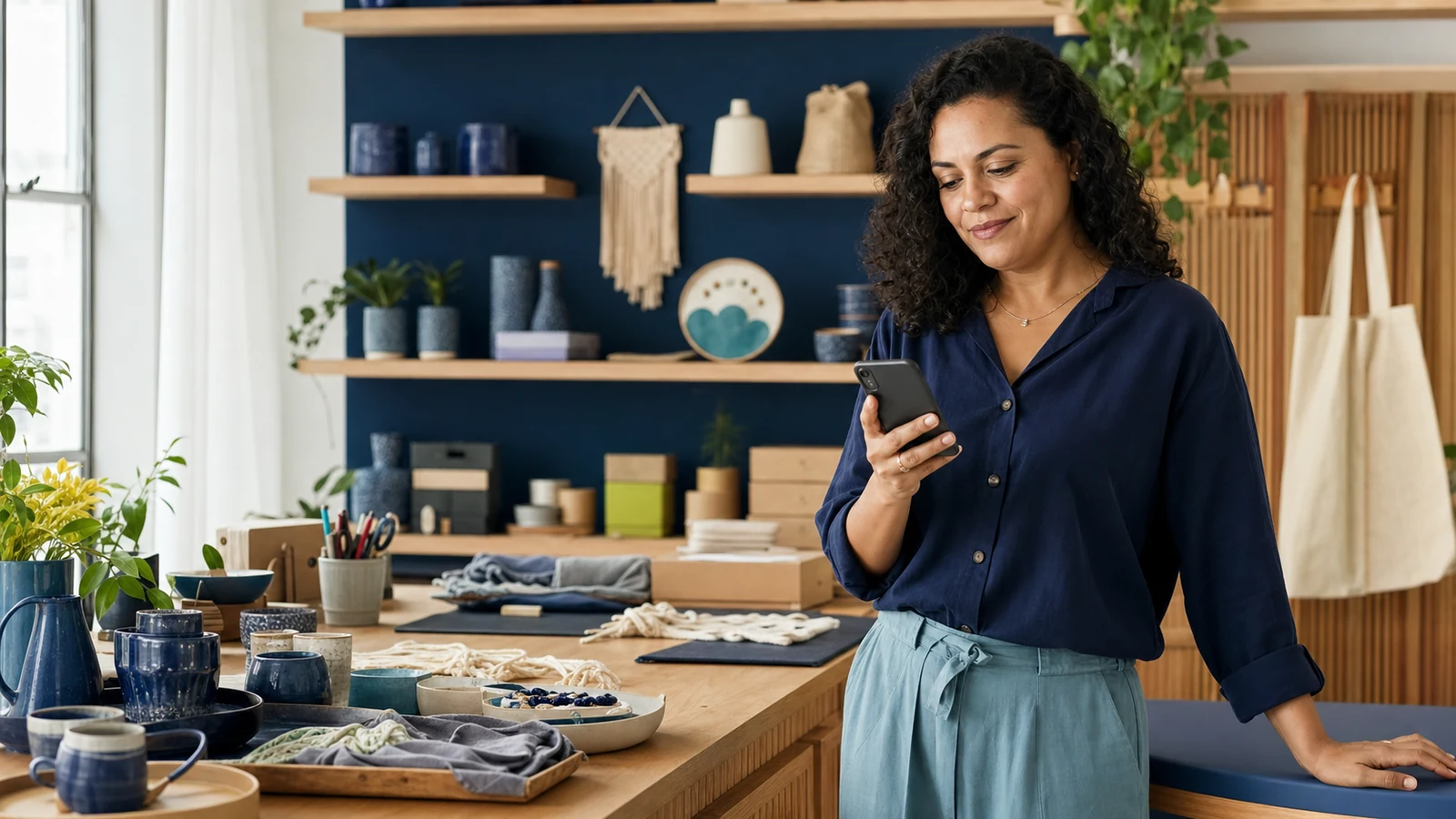 Empreendedora consulta o celular em seu ateliê organizado com produtos artesanais